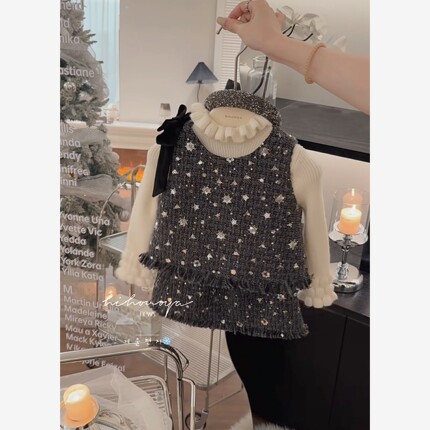 Spring韩国童装2025冬季新款宝宝名媛小香风流苏夹棉马甲女童套装