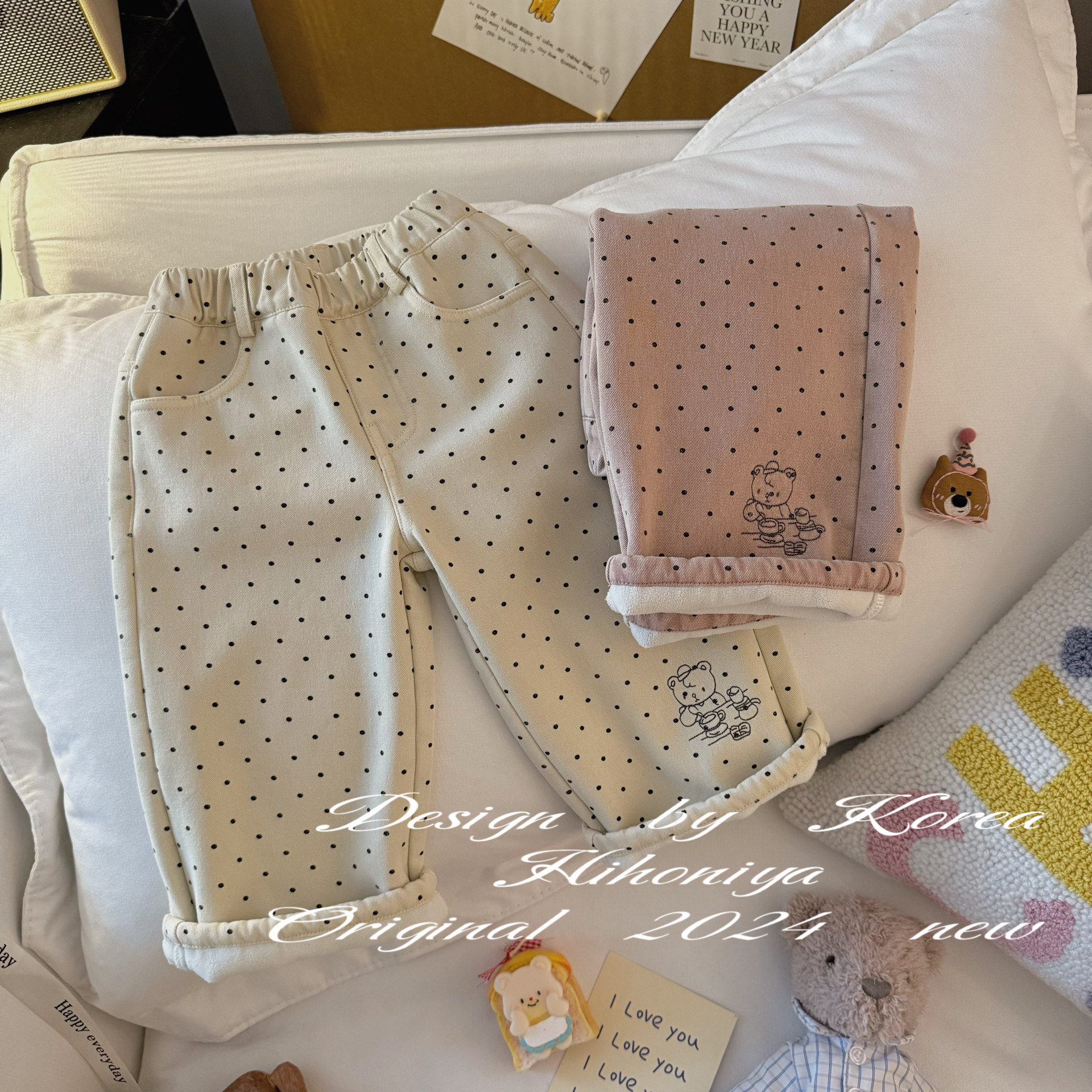 Spring韩国童装2024冬季新款休闲可爱刺绣波点加绒韩版裤子宝宝款