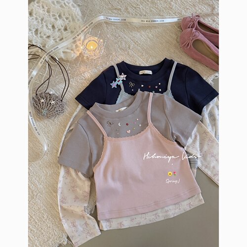 Spring韩国童装2026春季新款亲子拼接撞色彩钻假三件上衣女童T恤