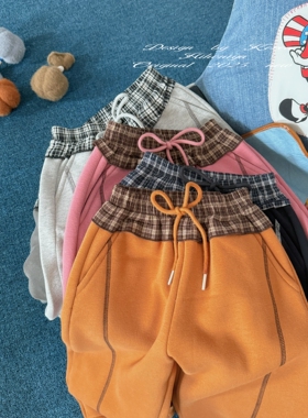 Spring韩国童装2025年秋冬新款亲子格纹加绒弯刀裤女童加厚休闲裤