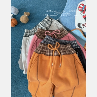 女童加厚休闲裤 亲子格纹加绒弯刀裤 2025年秋冬新款 Spring韩国童装