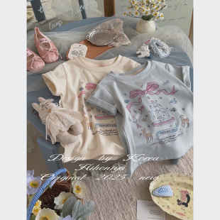 短袖 Spring韩国童装 动物蝴蝶结印花韩版 亲子款 女童T恤 2025春夏季