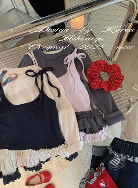 Spring韩国童装2025春季亲子款假两件韩版花边上衣女童长袖打底衫