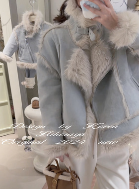 Spring韩国童装2024冬季亲子款皮毛机车毛毛麂皮女童保暖韩版外套