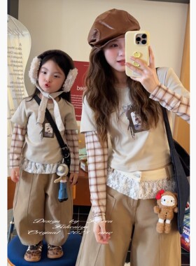 Spring韩国童装2025秋季新款亲子Kitty工牌假两件长袖T恤女童卫衣
