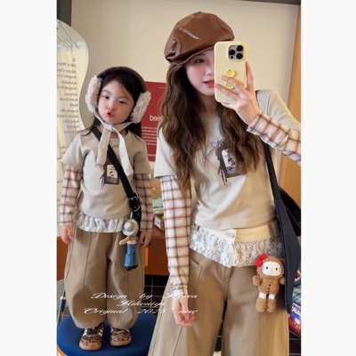 Spring韩国童装2025秋季新款亲子Kitty工牌假两件长袖T恤女童卫衣