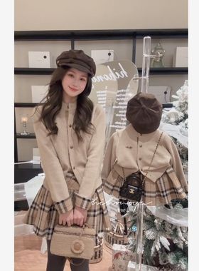 Spring韩国童装2025冬季新款亲子韩系学院风假两件开衫女童半身裙