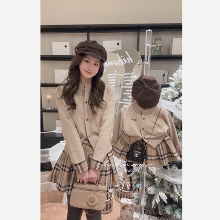 Spring韩国童装2025冬季新款亲子韩系学院风假两件开衫女童半身裙