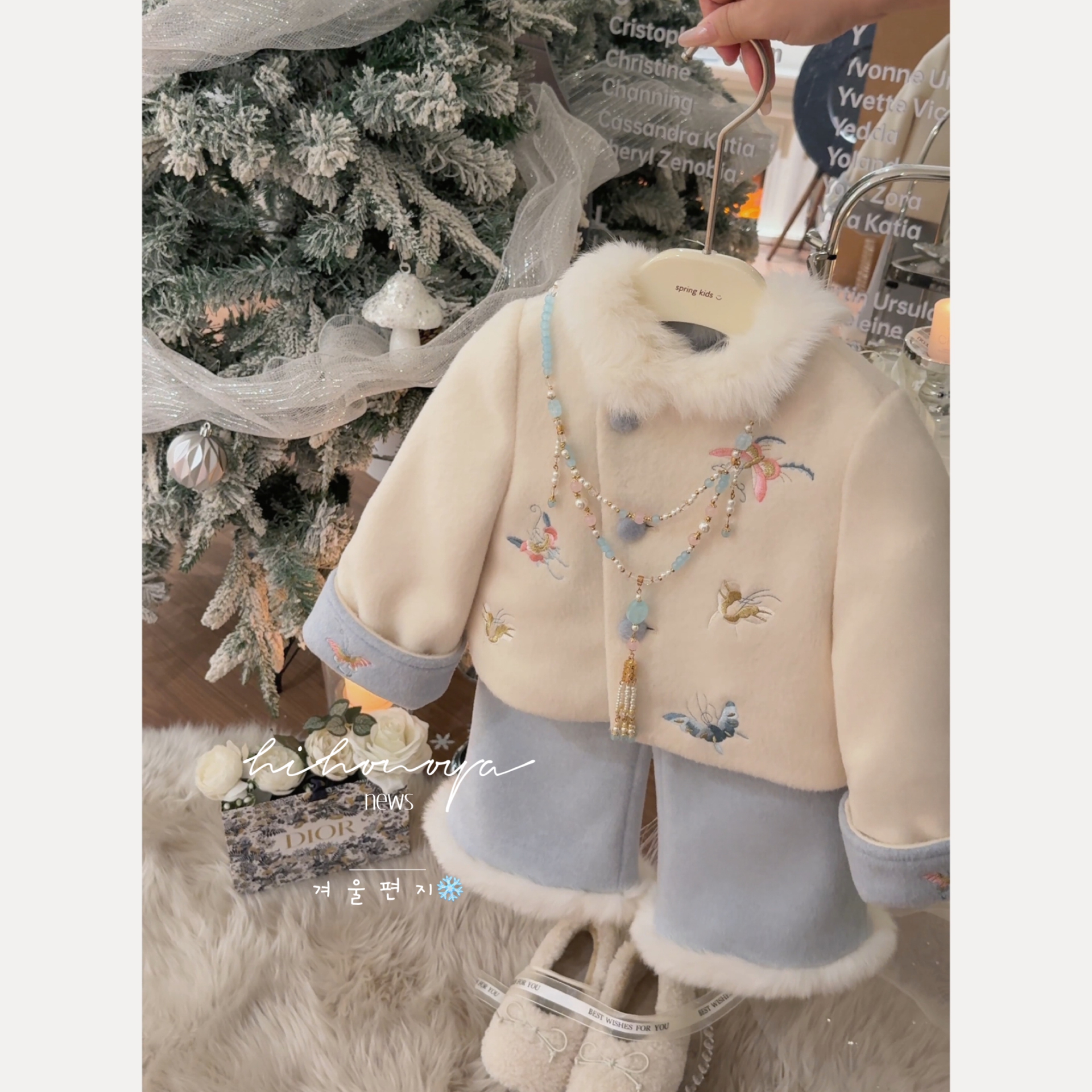 Spring韩国童装2025年冬季新款宝宝新中式呢子蝴蝶刺绣羽绒服外套