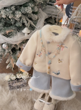 Spring韩国童装2025年冬季新款宝宝新中式呢子蝴蝶刺绣羽绒服外套