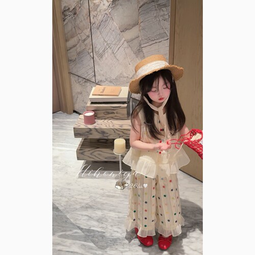 Spring韩国童装2026夏季新款宝宝设计感多巴胺波点套装女童两件套