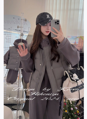 Spring韩国童装2024冬季亲子纯色连帽卫衣套装羽绒马甲