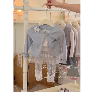 Spring韩国童装2025春季亲子款纯色镂空透气长袖韩版罩衫女童开衫