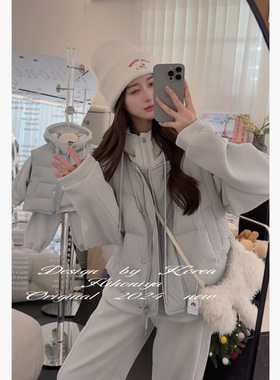 Spring韩国童装2024冬季新款慵懒纯色羽绒马甲卫衣套装韩版亲子款