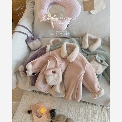 Spring韩国童装2025年冬季新款亲子翻领皮毛一体外套女童保暖上衣