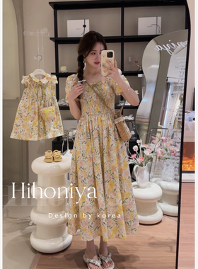 Spring韩国童装夏季新款韩版黄色碎花亲子装连衣裙女童沙滩裙洋气