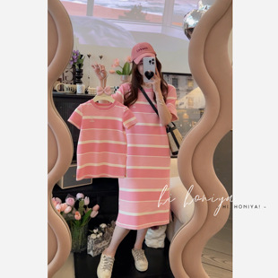 连衣裙女童洋气长裙 Spring韩国童装 夏季 亲子装 裙子条纹直筒短袖