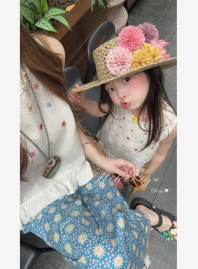 Spring韩国童装2026夏季新款亲子花朵刺绣休闲花边领背心女童T恤