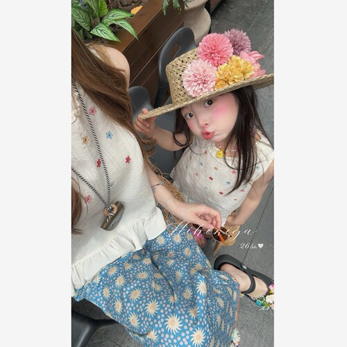 Spring韩国童装2026夏季新款亲子花朵刺绣休闲花边领背心女童T恤