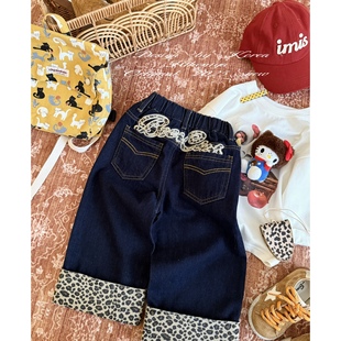 Spring韩国童装2025年秋季新款亲子豹纹拼接阔腿裤女童直筒休闲裤