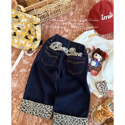 Spring韩国童装2025年秋季新款亲子豹纹拼接阔腿裤女童直筒休闲裤