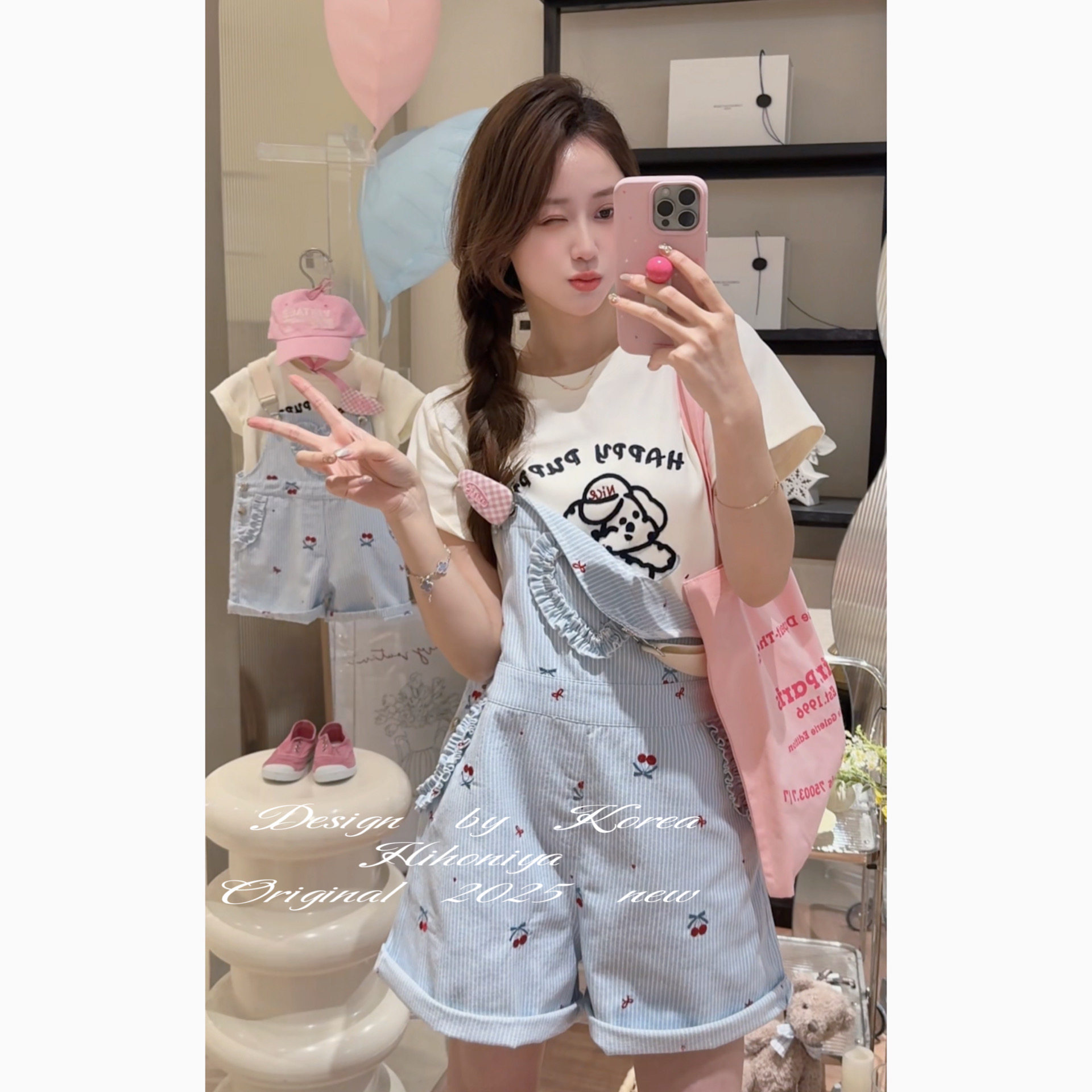 Spring韩国童装2025春夏新款亲子樱桃韩版爱心背带裤女童休闲短裤