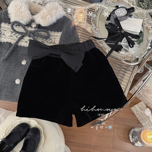 女童休闲裤 Spring韩国童装 亲子设计感蝴蝶结丝绒短裤 新款 2025冬季