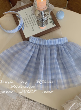 Spring韩国童装2025春季亲子款蓝色格子洋气韩版屁帘女童蕾丝短裙