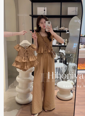 Spring韩国童装2025夏季新款韩版女童亲子咖色小飞袖显瘦系带套装