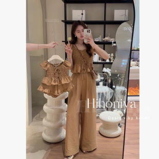 2025夏季 显瘦系带套装 新款 女童亲子咖色小飞袖 韩版 Spring韩国童装