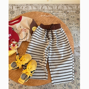 女童休闲裤 Spring韩国童装 亲子横条纹撞色慵懒阔腿裤 新款 2025秋季