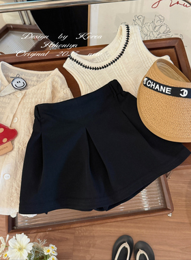 Spring韩国童装2025夏季新款亲子高级黑色百褶透气裙裤女童半身裙