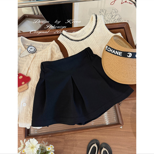 Spring韩国童装2025夏季新款亲子高级黑色百褶透气裙裤女童半身裙