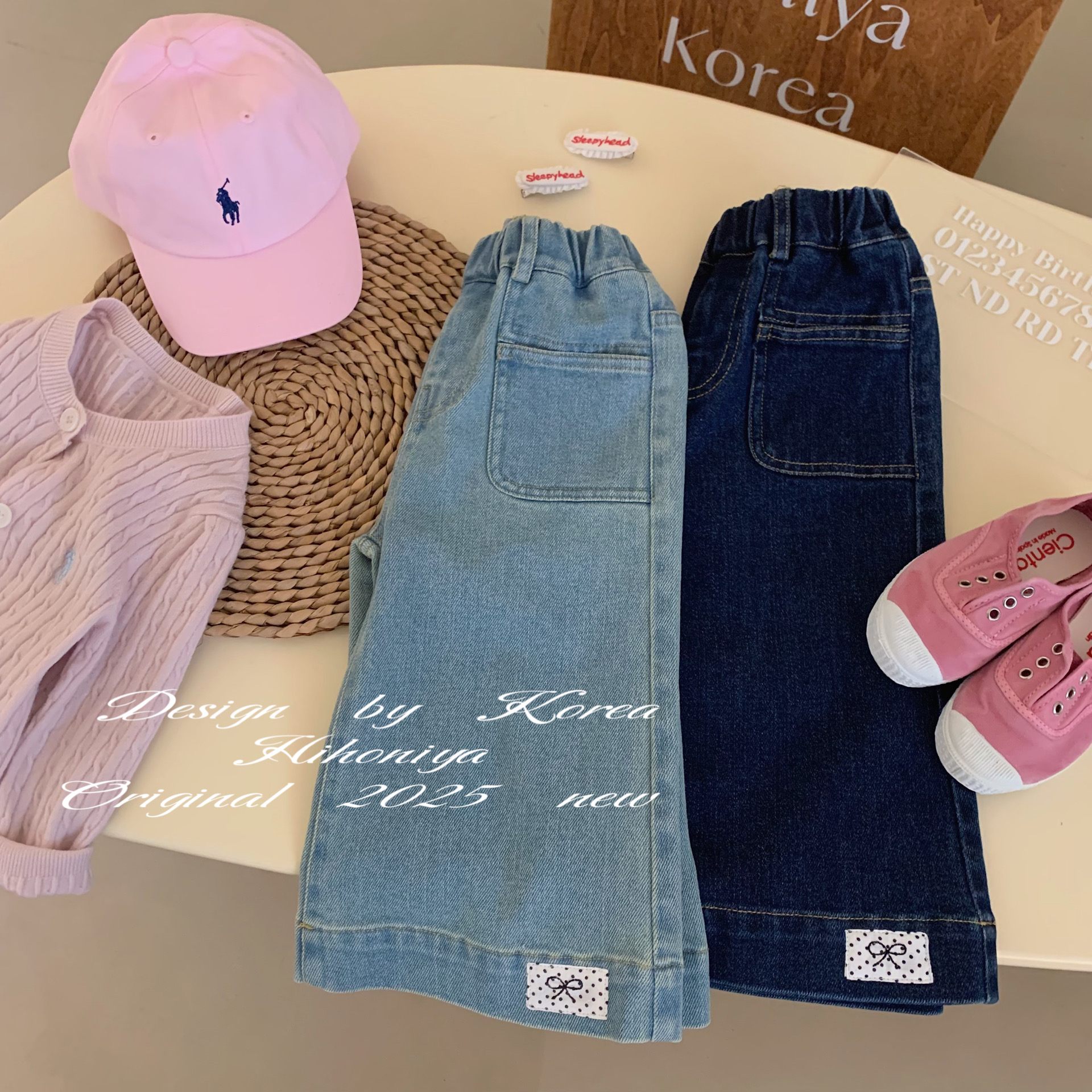 Spring韩国童装2025春季宝宝贴布蝴蝶结韩版阔腿牛仔裤女童休闲裤