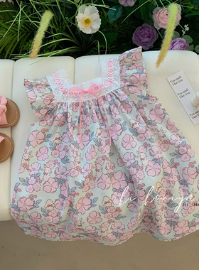 Spring韩国童装 2023夏季新款女童蕾丝蝴蝶结小碎花连衣裙公主裙