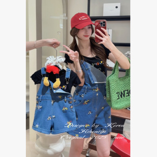 女童休闲裤 Spring韩国童装 亲子牛仔印花卡通韩背带裤 新款 2025夏季