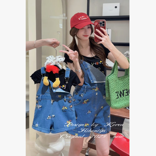 Spring韩国童装2025夏季新款亲子牛仔印花卡通韩背带裤女童休闲裤