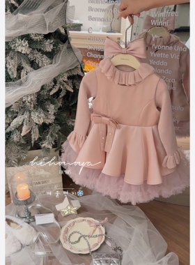 Spring韩国童装2025冬季新款宝宝芭蕾缎面礼服女童洋气蓬蓬连衣裙