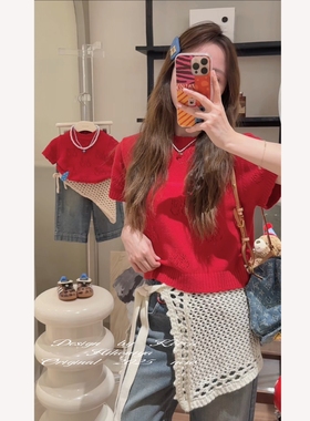 Spring韩国童装2025秋季新款亲子红色镂空羊毛针织短袖女童针织衫