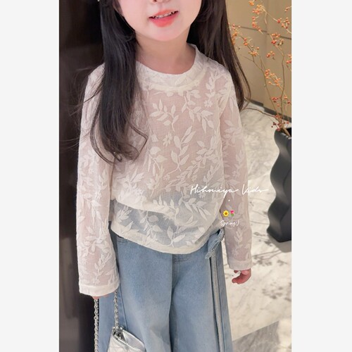 Spring韩国童装2026春季新款亲子纯色提花蕾丝薄纱打底衫女童T恤