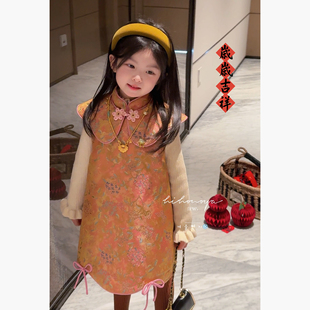 Spring韩国童装2025冬季新款宝宝新中式织锦背心裙女童加绒连衣裙