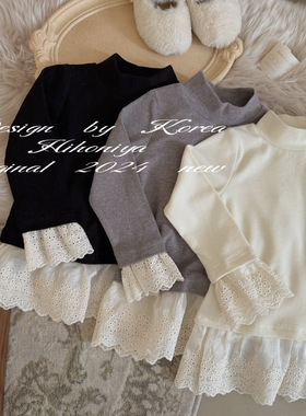 Spring韩国童装2024冬季亲子蕾丝高领韩版上衣女童圆领套头打底衫