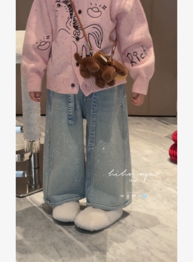 Spring韩国童装2026冬季新款亲子烫钻宽松加绒加厚牛仔裤女童裤子