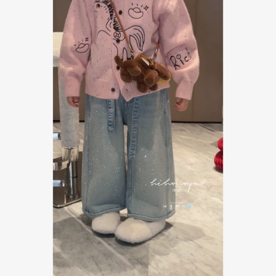 Spring韩国童装2026春夏新款亲子烫钻秋冬加绒加厚牛仔裤女童裤子