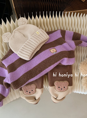 Spring韩国童装亲子2022秋冬季 新品紫咖色条纹毛衣