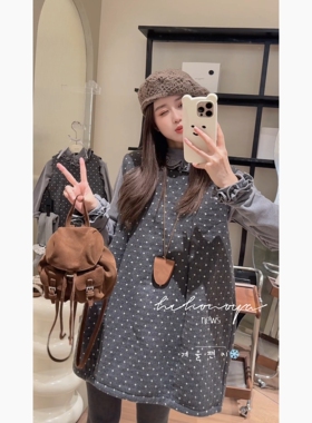 Spring韩国童装2025年冬季新款亲子复古波点丝绒背心裙女童打底衫