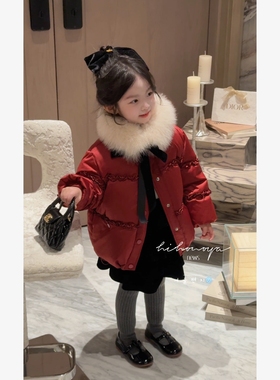 Spring韩国童装2026冬季新款亲子红色狐狸毛领羽绒服女童保暖外套