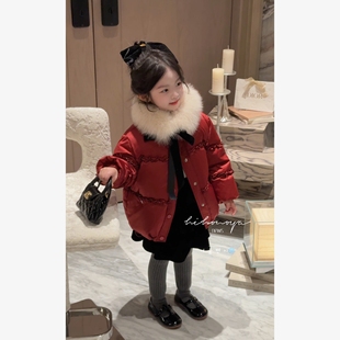 Spring韩国童装2026冬季新款亲子红色狐狸毛领羽绒服女童保暖外套