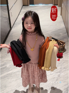 Spring韩国童装2025冬季新款宝宝纯色泡泡领百搭打底衫女童针织衫