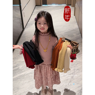 Spring韩国童装2025冬季新款宝宝纯色泡泡领百搭打底衫女童针织衫